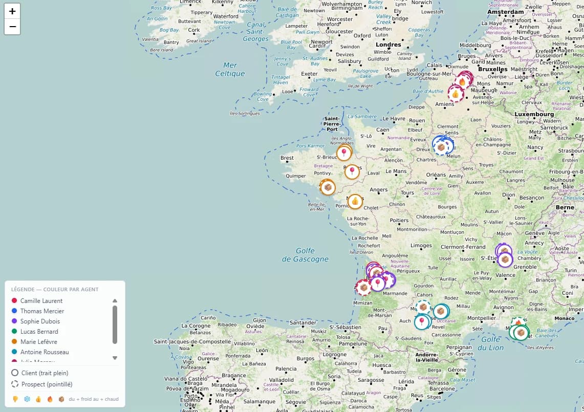 Atlas terrain Kardinal, vos clients sur une carte, par niveau de chaleur