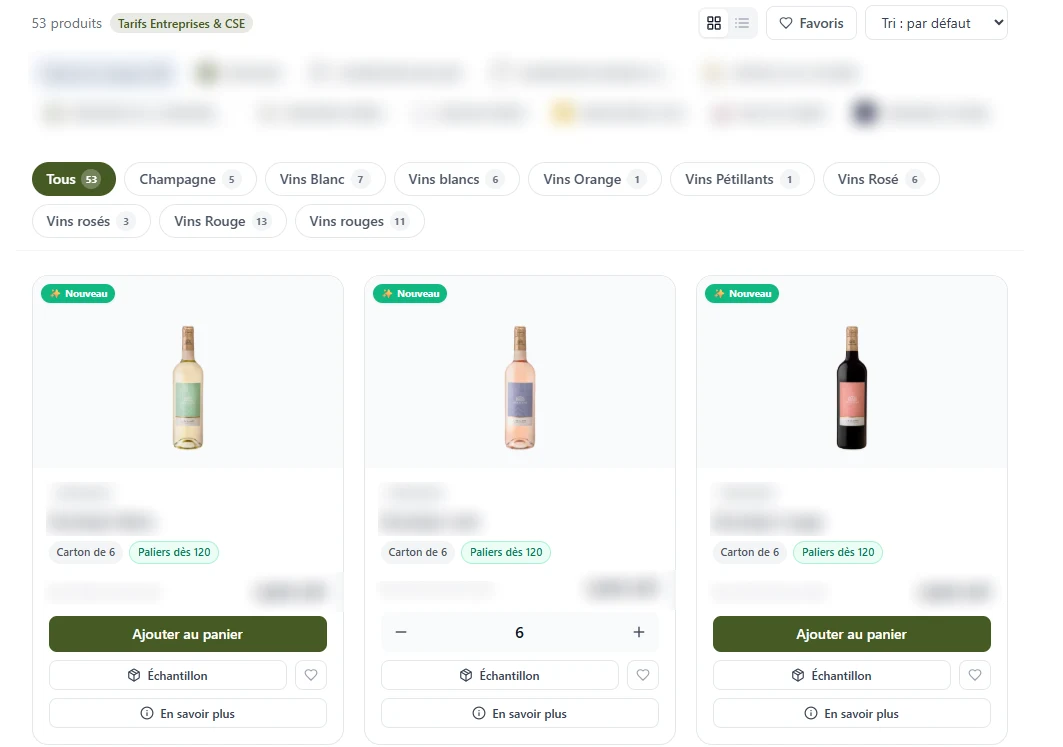 Eshop client Kardinal, catalogue commandable, panier persistant et favoris