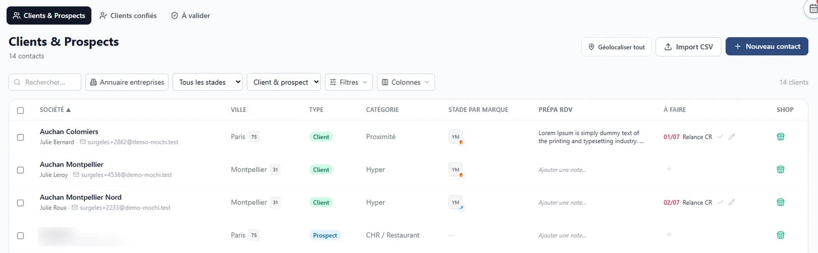 Liste des clients et prospects dans Kardinal